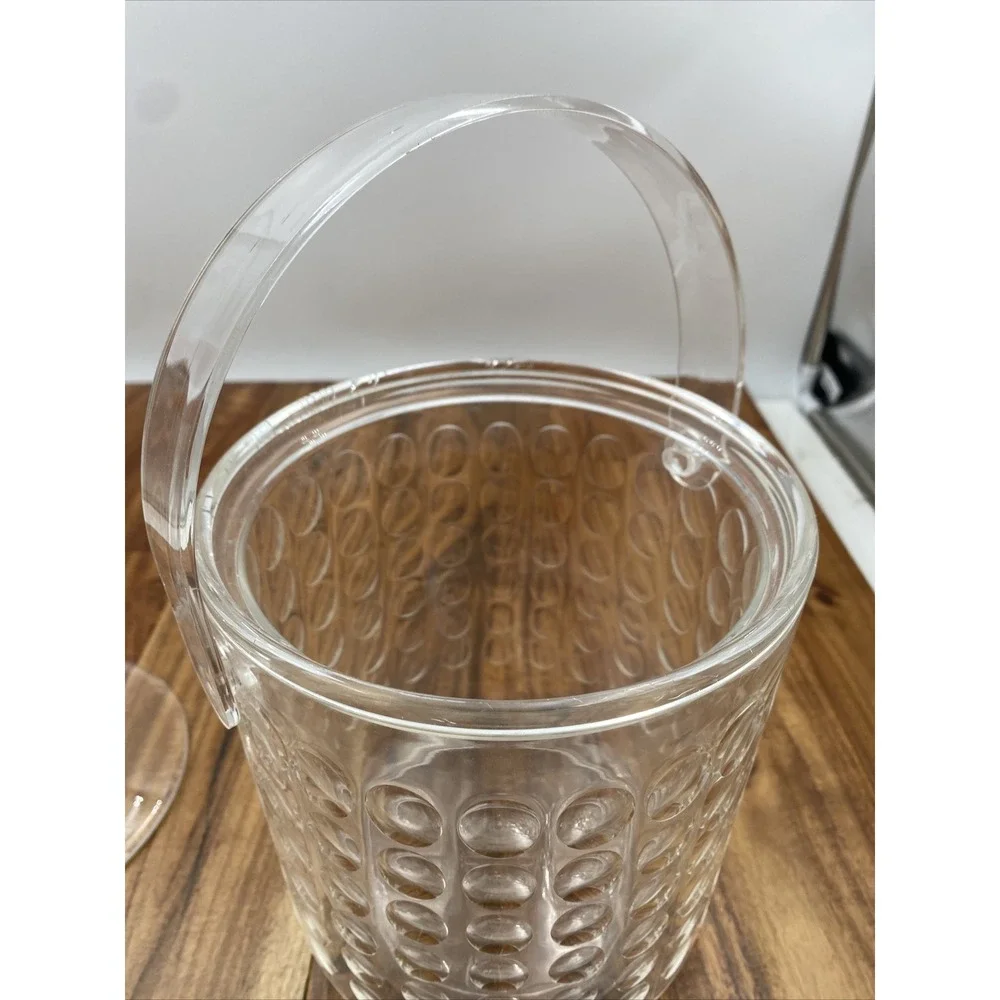 Vintage Ice Bucket With Lid Acrylic Mid Century Lucite Clear Circles 1990 US